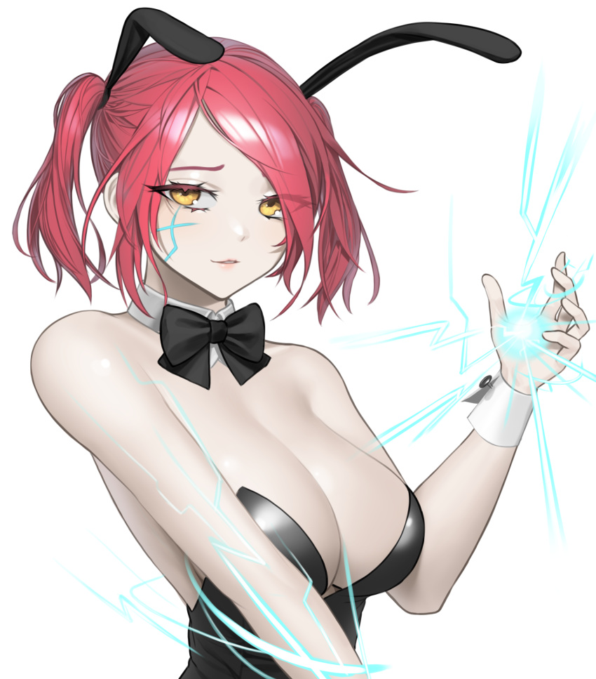 animal_ears bad_id bad_pixiv_id bare_shoulders black_bow black_bowtie black_leotard bow bowtie breasts cleavage cyphers detached_collar fake_animal_ears female hand_up highres large_breasts leotard looking_at_viewer norunollu parted_lips playboy_bunny rabbit_ears red_hair short_hair simple_background smile solo strapless strapless_leotard sydney_(cyphers) twintails upper_body white_background yellow_eyes