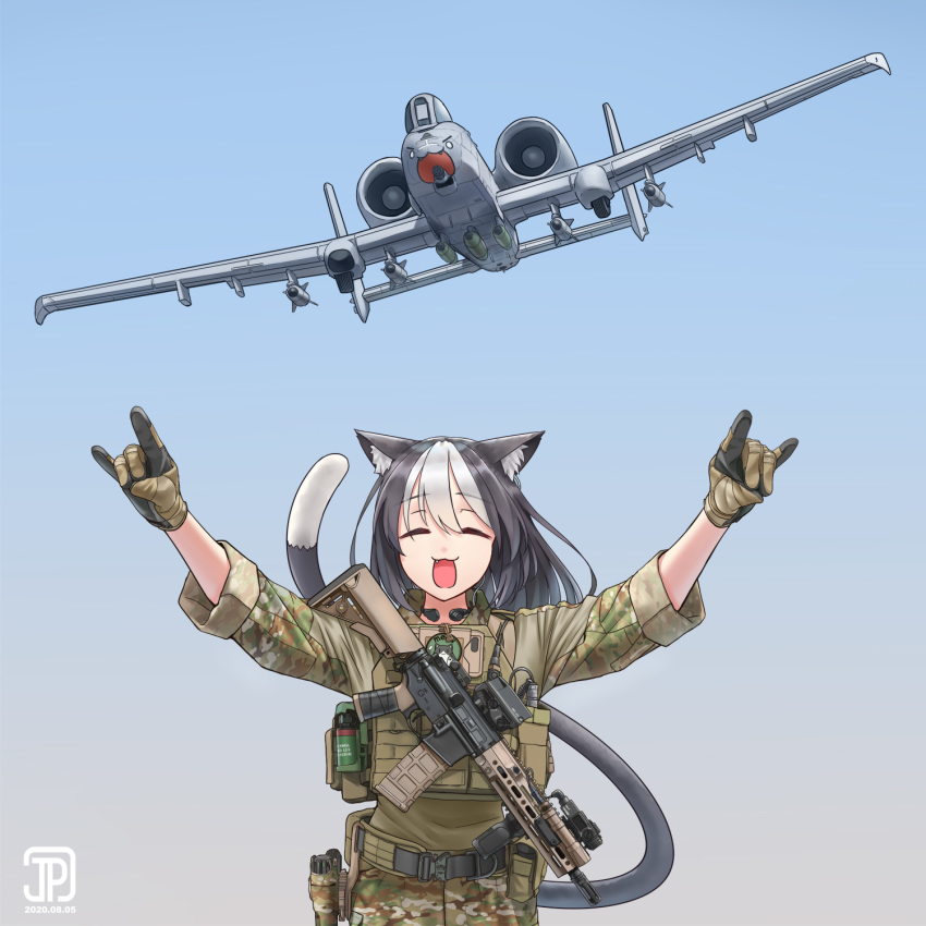 :3 a-10_thunderbolt_ii aerial_bomb agm-65_maverick aircraft airplane animal_ears animal_print artist_logo assault_rifle camouflage cat_ears cat_girl cat_print cat_tail closed_eyes commentary dated desert_camouflage double_fox_shadow_puppet english_commentary explosive female foregrip fox_shadow_puppet gatling_gun gau-8 glock gloves grenade gun gun_sling h&k_hk416 handgun highres holstered jet jpc load_bearing_vest logo military military_operator military_vehicle missile multicolored_hair nose_art oerba_yun_fang original reflex_sight rifle smile soldier solo tail two-tone_hair vehicle_focus weapon woodland_camouflage