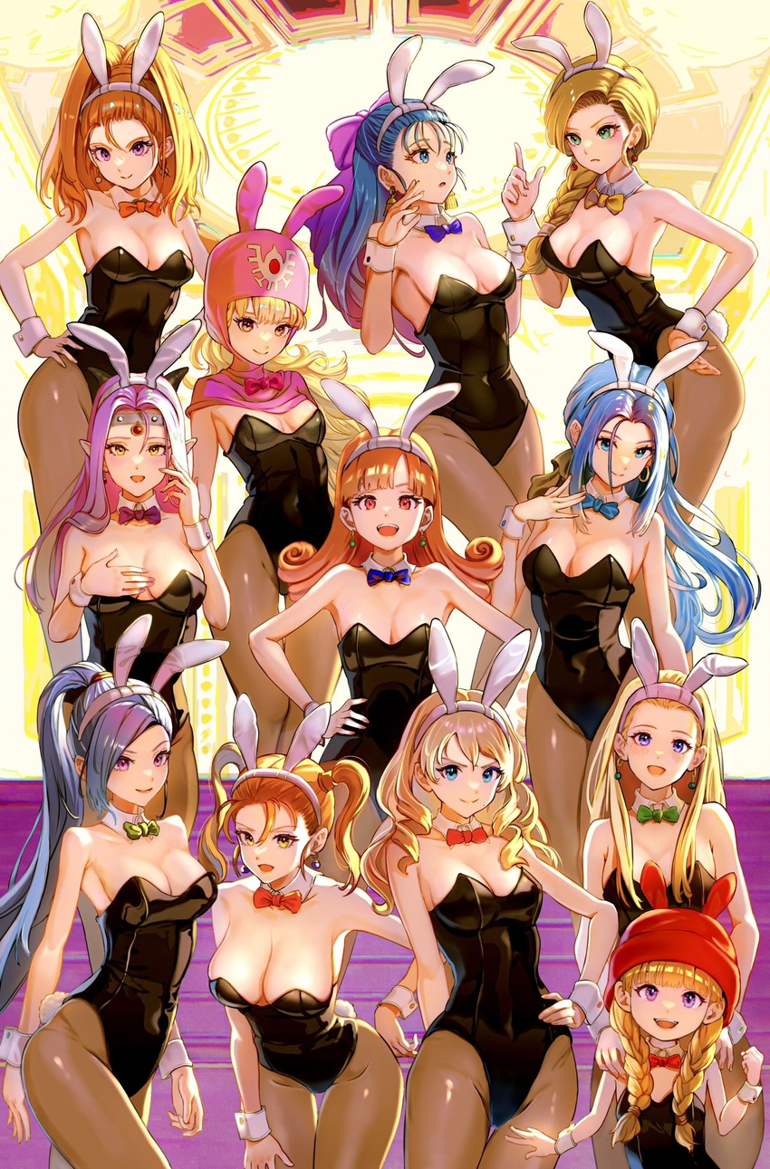 6+girls alena_(dq4) animal_ears anlucea barbara_(dq6) bare_shoulders bent_over bianca_(dq5) black_hair black_leotard blonde_hair blue_bow blue_bowtie blue_eyes blue_hair blunt_bangs bow bowtie braid breasts cleavage closed_mouth collarbone commentary_request cowboy_shot curly_hair detached_collar dragon_quest dragon_quest_ii dragon_quest_iv dragon_quest_ix dragon_quest_v dragon_quest_vi dragon_quest_viii dragon_quest_x dragon_quest_xi earrings estella_(dq10) fake_animal_ears flat_chest flora_(dq5) green_bow green_bowtie green_eyes hair_behind_ear hair_over_shoulder hair_pulled_back hairband hairbow half_updo hand_on_own_chest hand_on_own_hip hand_up hands_on_another's_shoulders hat headpiece high_ponytail highres hood horns huge_bow index_finger_raised jessica_albert jewelry large_breasts leotard light_blush long_hair looking_at_another looking_at_viewer martina_(dq11) medium_breasts mole mole_under_mouth multiple_girls numao_sub open_mouth orange_bow orange_bowtie orange_eyes orange_hair orange_nails pantyhose parted_bangs parted_lips pink_bow pink_eyes pink_hair pink_headwear pink_hood pink_nails playboy_bunny pointy_ears princess_of_moonbrook purple_bow purple_bowtie purple_eyes rabbit_ears red_bow red_bowtie red_eyes red_headwear ruida senya_(dq11) siblings single_braid sisters small_breasts smile standing strapless strapless_leotard swept_bangs twin_braids twins twintails veronica_(dq11) white_hairband wrist_cuffs yellow_bow yellow_bowtie yellow_eyes