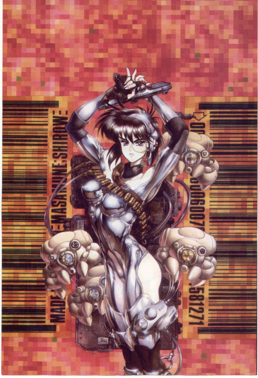 1980s_(style) arms_up bandolier black_hair blue_eyes bodysuit breasts cyberpunk cyborg dual_wielding elbow_pads female fingerless_gloves fuchikoma ghost_in_the_shell gloves gun handgun highres holding holding_gun holding_weapon kusanagi_motoko mecha medium_breasts non-humanoid_robot retro_artstyle robot science_fiction scouter shiny_clothes shirow_masamune short_hair weapon