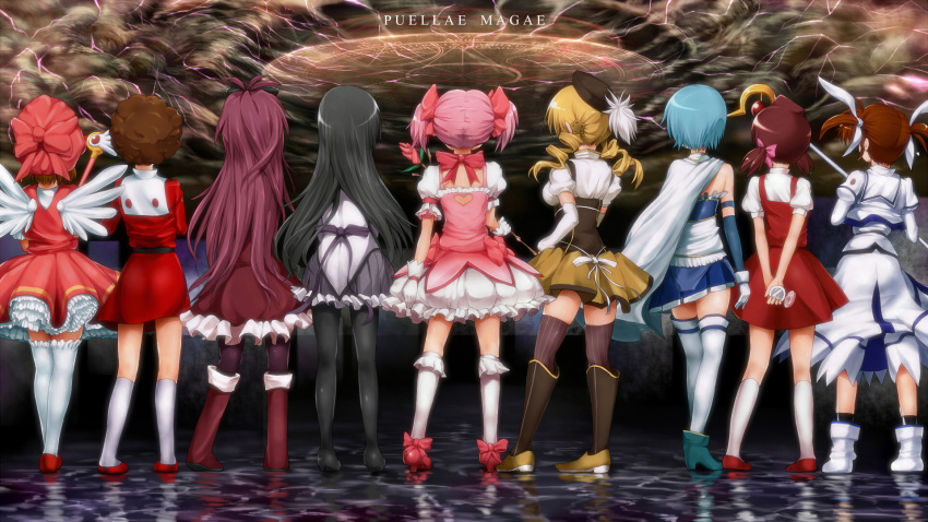 6+girls afro akemi_homura angel_wings antenna_hair armband arms_behind_back back belt beret black_hair black_legwear blastbeat blonde_hair blue_hair boots bow brown_hair cape card_captor_sakura compact crossover dress drill_hair elbow_gloves epic everyone feathers footwear frills from_behind fuuin_no_tsue gloves hair_ornament hair_ribbon hairbow hat heart high_heels highres himitsu_no_akko-chan kagami_atsuko kaname_madoka kinomoto_sakura knee_boots kneehighs latin lineup lolicon lolita_fashion long_hair lyrical_nanoha magic_circle magical_girl mahou_shoujo_lyrical_nanoha mahou_shoujo_madoka_magica mahou_tsukai_sally miki_sayaka multiple_girls pantyhose pink_hair pleated_skirt purple_hair purple_legwear reflection ribbon sakura_kyouko shoes short_dress short_hair short_twintails shueisha skirt socks staff standing striped striped_legwear striped_thighhighs takamachi_nanoha thighhighs tomoe_mami touei twin_drills twintails very_long_hair wallpaper wand white_legwear wings yumeno_sally