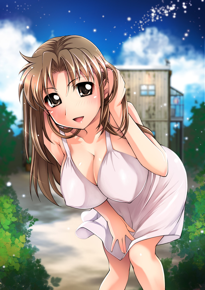 breasts brown_eyes brown_hair cleavage commentary_request dress female highres large_breasts leaning_forward long_hair open_mouth original photoshop_(medium) raymon smile solo