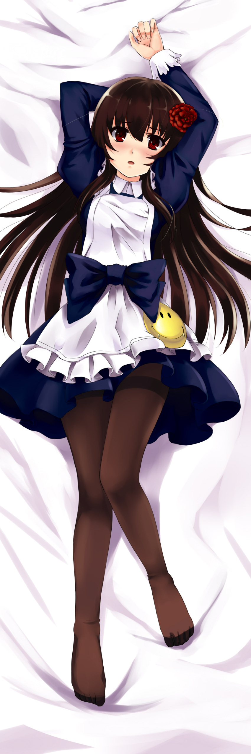 absurdres aoki_hagane_no_arpeggio apron arm_up black_pantyhose blush bow brown_hair commentary_request dakimakura_(medium) dress fangs female flower full_body hair_flower hair_ornament highres long_hair lying maid maya_(aoki_hagane_no_arpeggio) mizuki_(mizuki_ame) open_mouth pantyhose personification photoshop_(medium) pillow red_eyes smile solo