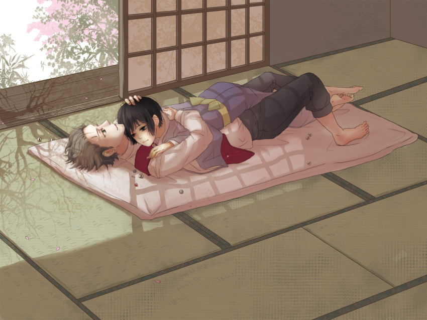 2boys axis_powers_hetalia barefoot black_hair blonde_hair cherry_blossom cherry_blossoms futon green_eyes hug japan(hetalia) japan_(hetalia) japanese_clothes kimono lying multiple_boys netherlands(hetalia) netherlands_(hetalia) scar shounen_ai smile yaoi