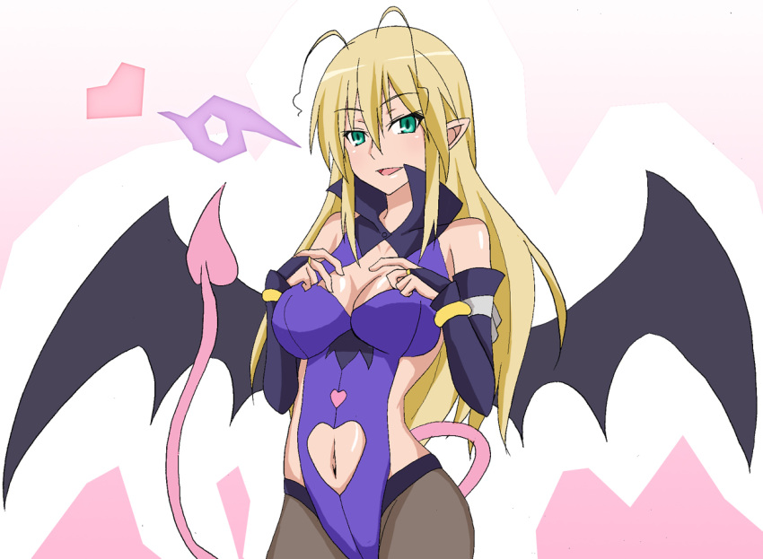 artist_request blonde_hair blush breasts character_request cleavage demon_girl demon_tail demon_wings female gloves green_eyes heart jumon large_breasts long_hair lotte_no_omocha! mercelida_ygvar milf naughty_face navel navel_cutout pantyhose pointy_ears smile solo succubus tail widescreen wings