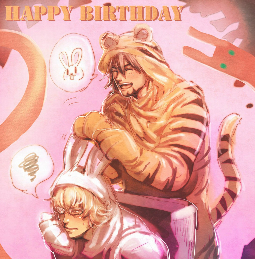 2boys ^_^ animal_costume animal_print barnaby_brooks_jr. birthday blonde_hair blush bow_(bhp) brown_hair closed_eyes commentary_request facial_hair glasses kaburagi_t._kotetsu male_focus multiple_boys rabbit_costume smile stubble tiger_&_bunny tiger_costume tiger_print