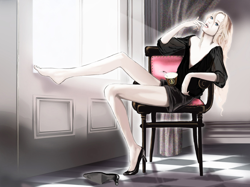 1boy barefoot blonde_hair blue_eyes chair crossdressing crossdressing eating ebba food high_heels highres ice_cream long_hair male male_focus maraich_juschenfe off_shoulder open_clothes open_mouth open_shirt patalliro! shirt shoes shorts sitting solo trap