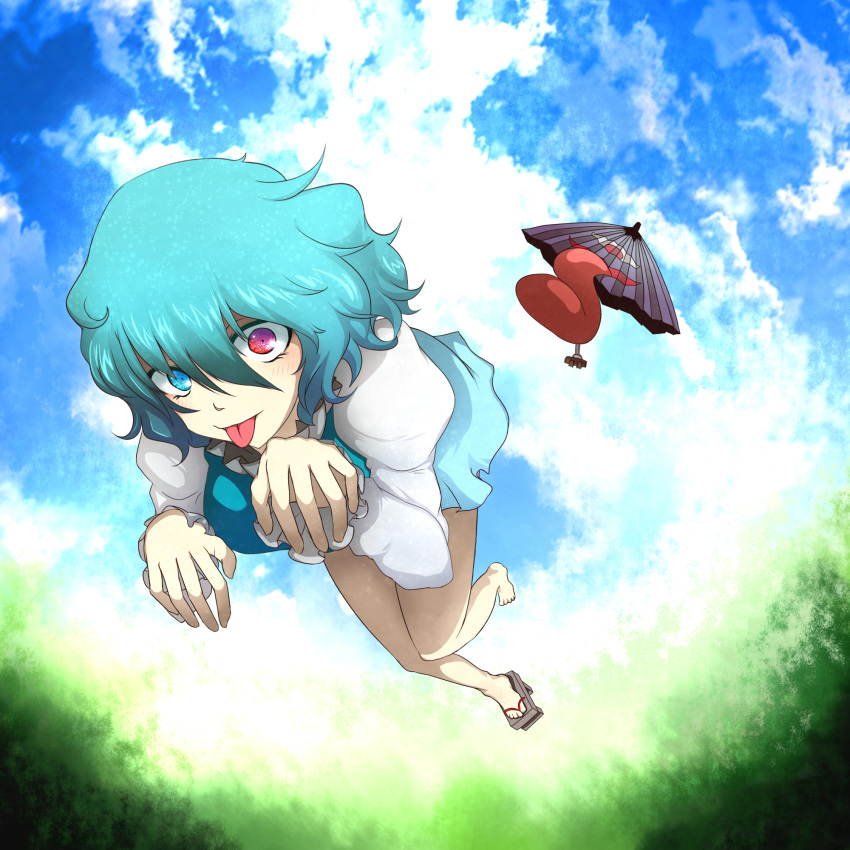 :p barefoot blue_eyes blue_hair cloud commentary_request female geta heterochromia highres karakasa_obake purple_umbrella red_eyes shoes short_hair single_shoe skirt sky solo symbol-shaped_pupils tatara_kogasa tongue tongue_out touhou umbrella winu_(hertrion)