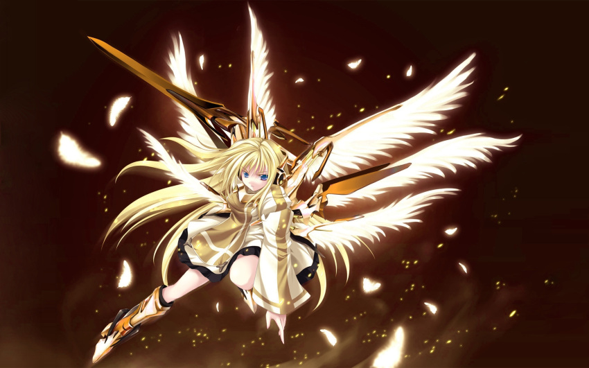 blonde_hair blue_eyes copyright_request exif_thumbnail_surprise female gold highres mecha_musume multiple_wings paint.net_(medium) seraph solo tateha_(marvelous_grace) weapon wings