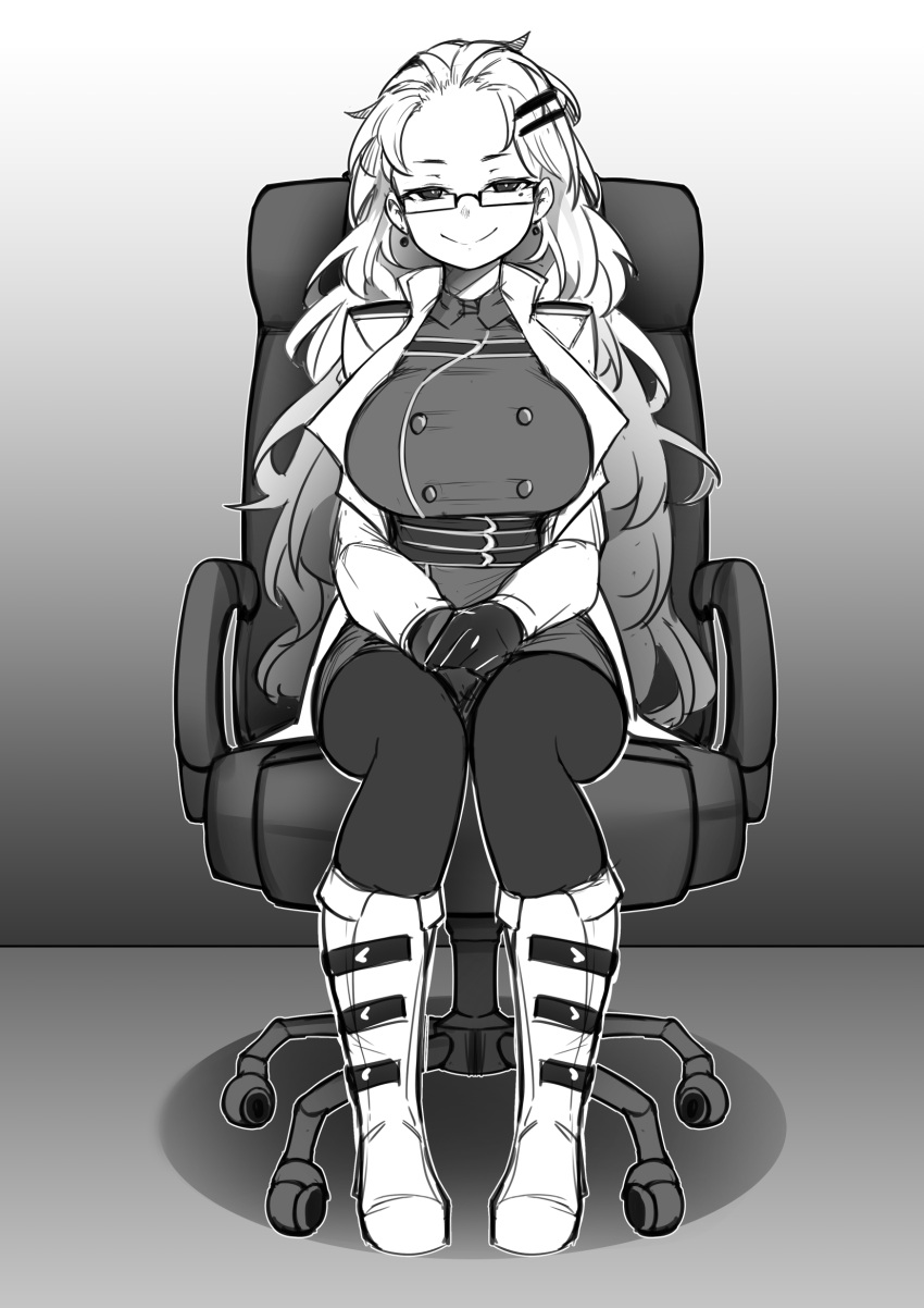 aethella_mugolm boots breasts chair closed_mouth commission earrings english_commentary female full_body glasses gloves greenopi greyscale hair_ornament hairclip highres jacket jewelry large_breasts long_sleeves looking_at_viewer mole mole_under_eye monochrome office_chair original pantyhose sitting smile solo swivel_chair