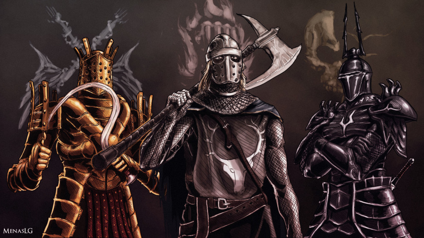 3boys arm_at_side armor artist_name axe belt black_armor black_background black_eyes blue_cape breastplate cape chainmail creighton_of_mirrah crossed_arms dark_souls_(series) dark_souls_i dark_souls_ii demon's_souls english_commentary facing_viewer fake_horns faulds gauntlets gold_armor helmet highres holding holding_axe holding_weapon horned_helmet horns knight knight_lautrec_of_carim looking_at_viewer male_focus medium_hair menaslg multiple_boys over_shoulder pauldrons sheath sheathed shotel shoulder_armor simple_background surcoat sword symbol thumbs_up upper_body weapon white_hair yurt_the_silent_chief