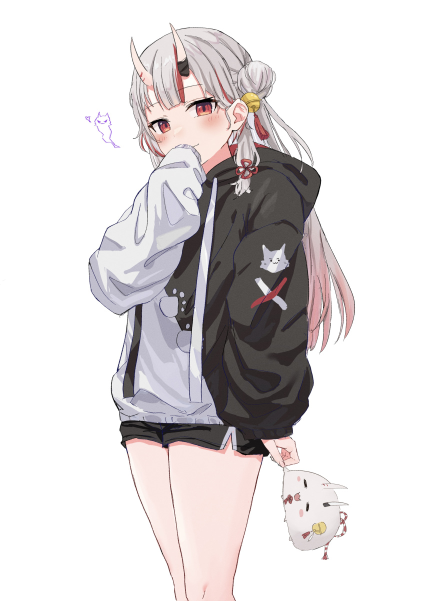 absurdres black_hoodie black_shorts blush commentary cosplay female gradient_hair grey_hair hair_bun hand_to_own_mouth highres hololive hood hood_down hoodie horns karma_(nakiri_ayame) long_hair long_sleeves looking_at_viewer mei_am0 multicolored_hair nakiri_ayame oni ookami_mio ookami_mio_(casual) ookami_mio_(cosplay) poyoyo_(nakiri_ayame) puffy_long_sleeves puffy_sleeves red_eyes red_hair short_shorts shorts skin-covered_horns sleeves_past_wrists solo streaked_hair tassel thighs two-tone_hoodie virtual_youtuber white_background white_hoodie