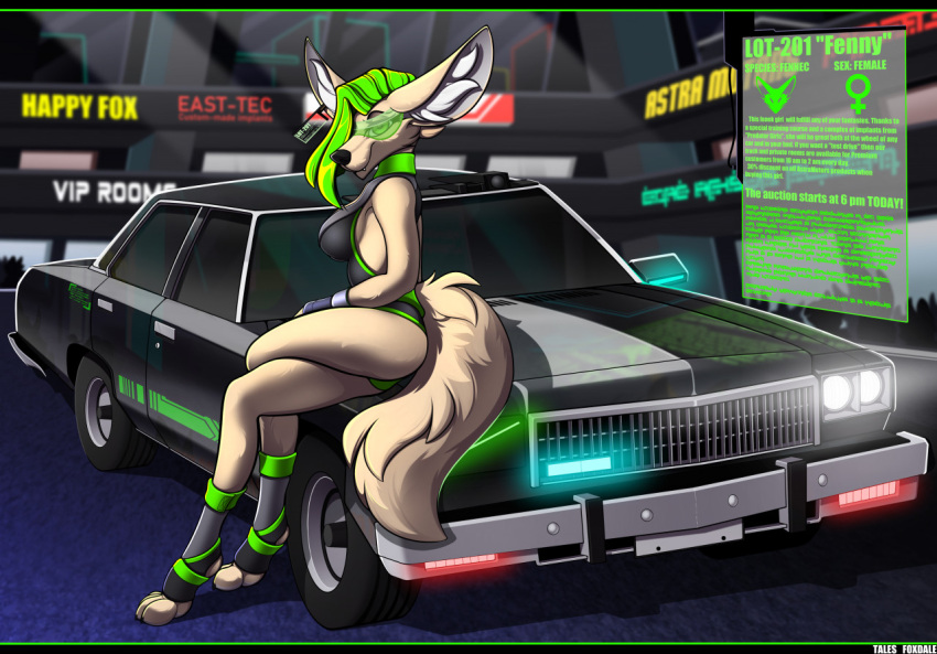 2022 4_toes anthro ass auction black_nose breasts canid canine car clothed clothing cyberpunk ear_piercing ear_tag english_text fangs feet female female_symbol fennec_fox fenny_(fanrunner) fox fur gender_symbol green_hair hair hindpaw inner_ear_fluff leotard looking_at_viewer mammal paws piercing retro_car smile solo symbol tales_foxdale tan_body tan_fur teeth text toes true_fox tuft vehicle visor