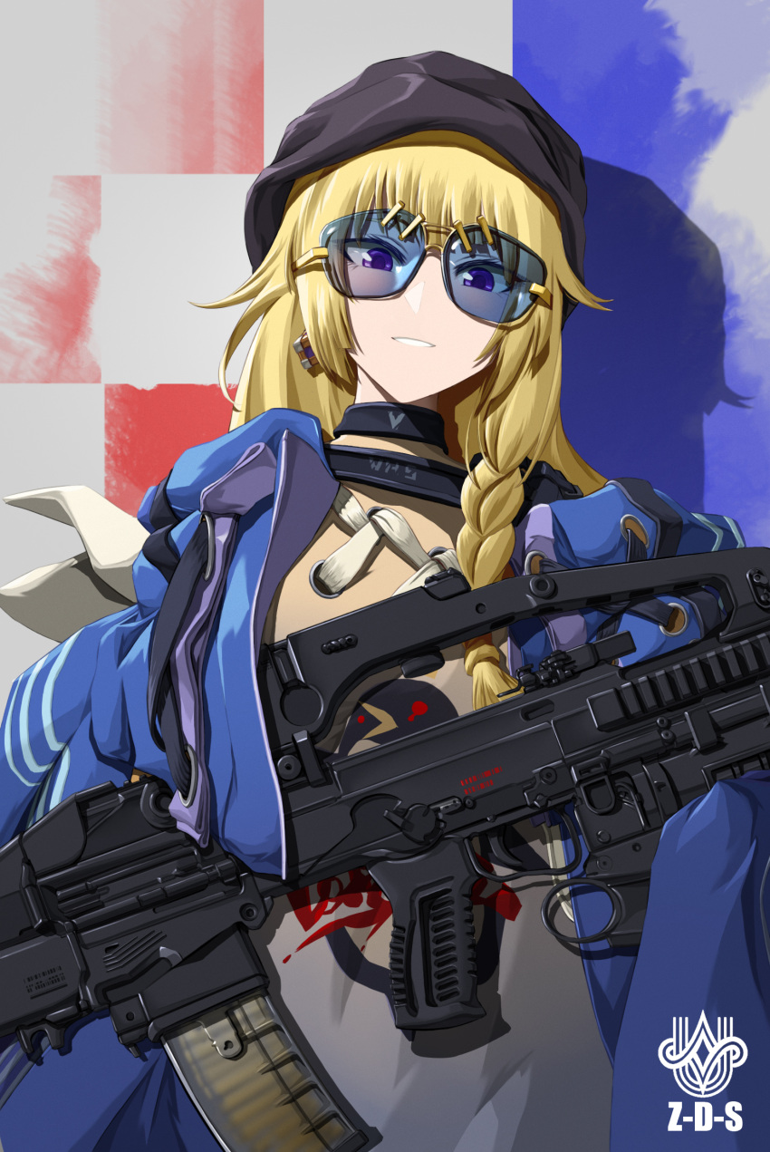 assault_rifle black_choker black_hat blonde_hair blue-tinted_eyewear blue_jacket braid braided_sidelock chinese_commentary choker commentary_request croatian_flag english_commentary female girls'_frontline gun hat highres jacket long_hair looking_at_viewer military mixed-language_commentary parted_lips rifle single_braid smile solo sunglasses tinted_eyewear upper_body vhs-d2 vhs_(girls'_frontline) weapon zhan-guo_zang-ge