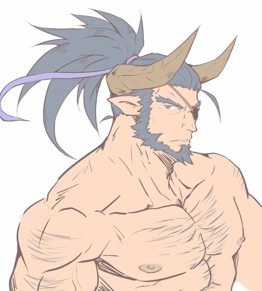 1boy bara beard blue_hair body_hair commentary dark_blue_hair draph facial_hair garouza_(granblue_fantasy) granblue_fantasy highres horns kagemaru_(kagemaru321) large_pectorals male_focus mature_male muscular muscular_male nipples pectorals solo upper_body