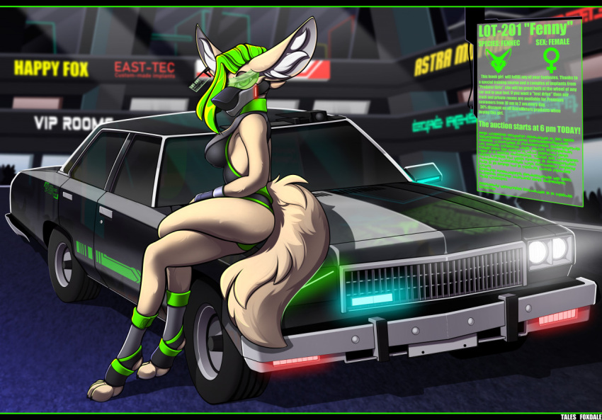 2022 4_toes anthro ass auction black_nose breasts canid canine car clothed clothing cyberpunk ear_piercing ear_tag english_text feet female female_symbol fennec_fox fenny_(fanrunner) fox fur gender_symbol green_hair hair hindpaw inner_ear_fluff leotard looking_at_viewer mammal muzzle_(object) muzzled paws piercing retro_car solo symbol tales_foxdale tan_body tan_fur text toes true_fox tuft vehicle visor