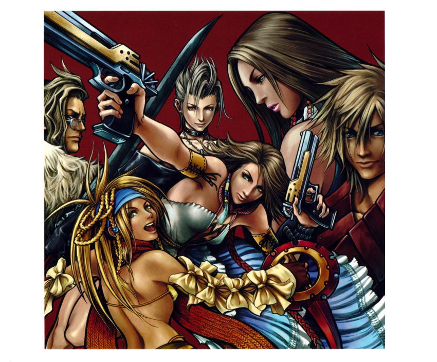 2boys 4girls @_@ back bare_back blue_eyes blue_headband brown_hair choker detached_sleeves dual_wielding earrings final_fantasy final_fantasy_x final_fantasy_x-2 glasses green_eyes grey_hair gun gunner_(final_fantasy) headband heterochromia holding jewelry lenne_(ff10) long_hair multiple_boys multiple_girls necklace nomura_tetsuya nooj official_art open_mouth paine_(ff10) photoshop_(medium) red_eyes rikku_(ff10) scarf short_hair shuyin sword thief_(final_fantasy) weapon yuna_(ff10)