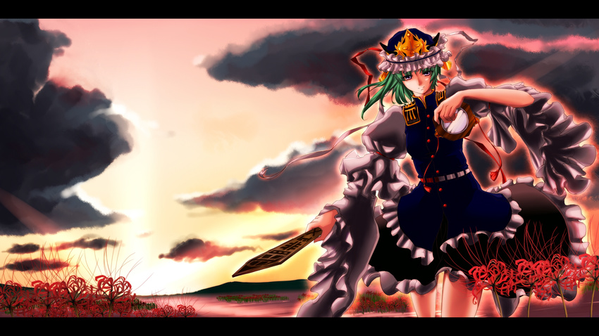 alternate_eye_color amgetd commentary_request female field flower flower_field glowing green_hair hat highres holding holding_mirror letterboxed light_smile mirror outline purple_eyes red_flower rod_of_remorse shiki_eiki solo spider_lily sunset touhou