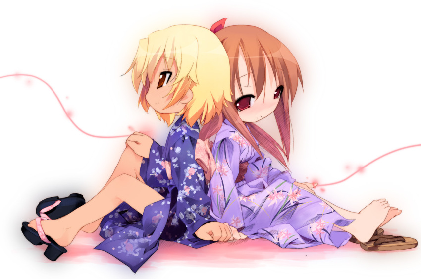 2girls barefoot blonde_hair feet japanese_clothes kimono kuroba_u lolicon lucky_star multiple_girls nagamori_yamato orange_hair sandals yasaka_kou yukata