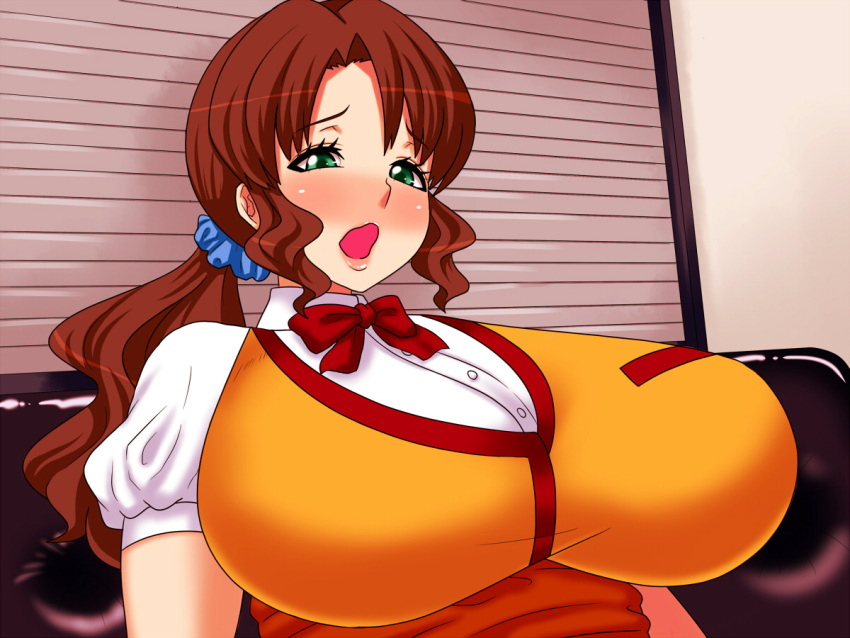 amanooni_touri breasts brown_hair female green_eyes highres huge_breasts long_hair open_mouth original ponytail sitting upper_body waitress yokkora