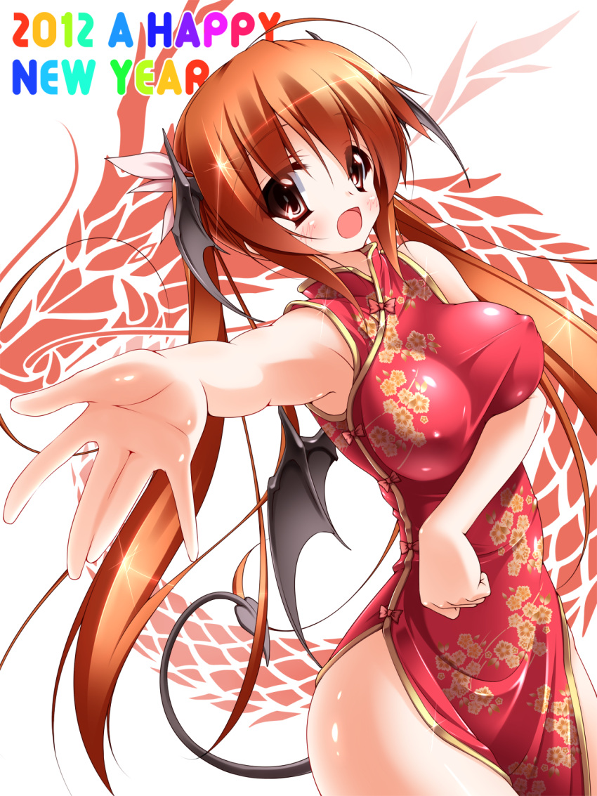 2012 alternate_costume alternate_hairstyle armpits bad_id bad_pixiv_id bare_legs bare_shoulders bat_wings blush breast_hold breasts china_dress chinese_clothes covered_nipples demon_tail dragon dress female head_wings highres koakuma large_breasts long_hair midoriiro_no_shinzou new_year open_mouth red_eyes red_hair side_slit simple_background solo tail touhou twintails very_long_hair wings