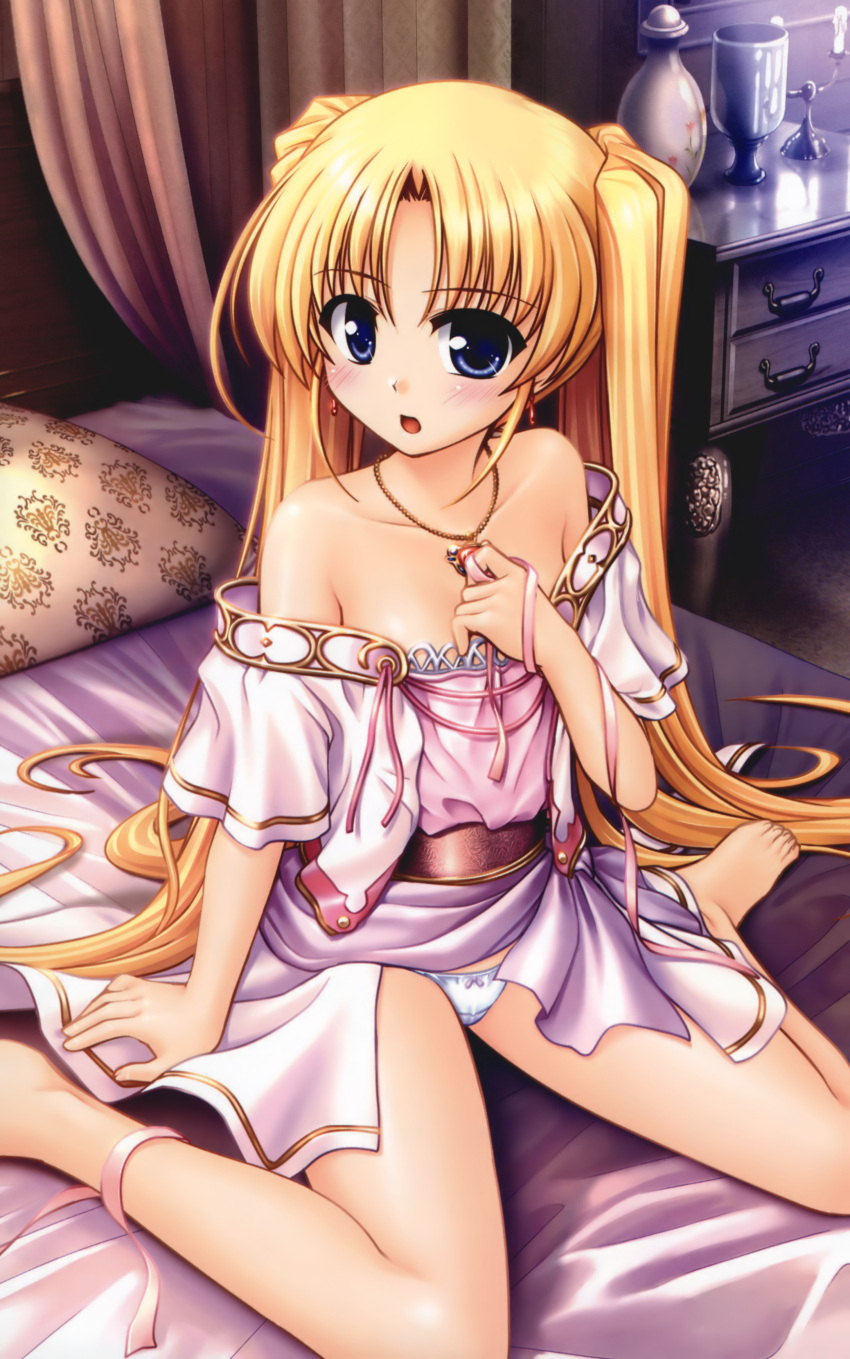 :o absurdres aiyoku_no_eustia barefoot bed bekkankou blonde_hair blue_eyes blush bow bow_panties female highres jewelry licia_de_novus_yurii long_hair looking_at_viewer necklace nightstand off_shoulder on_bed panties pillow ribbon sitting solo twintails underwear very_long_hair wariza white_panties