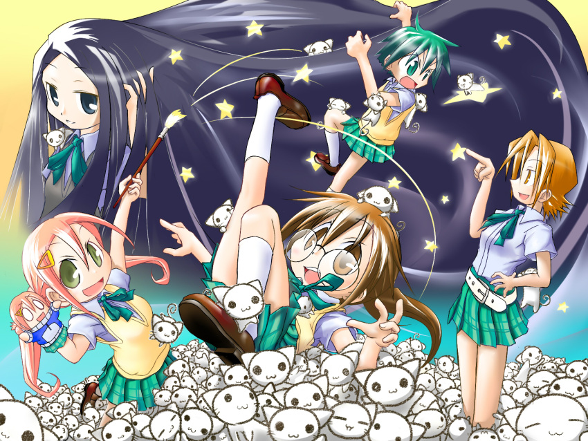 5girls art_brush ascot belt black_eyes black_hair brown_eyes brown_hair commentary_request feline ga_geijutsuka_art_design_class glasses green_eyes green_hair hand_on_own_hip hands_in_hair highres long_hair multiple_girls noda_miki nozaki_namiko ohm-rice oomichi_miyabi open_mouth paintbrush pink_hair pointing puppet school_uniform short_hair skirt socks star_(symbol) suneko tomokane too_many too_many_cats yamaguchi_kisaragi