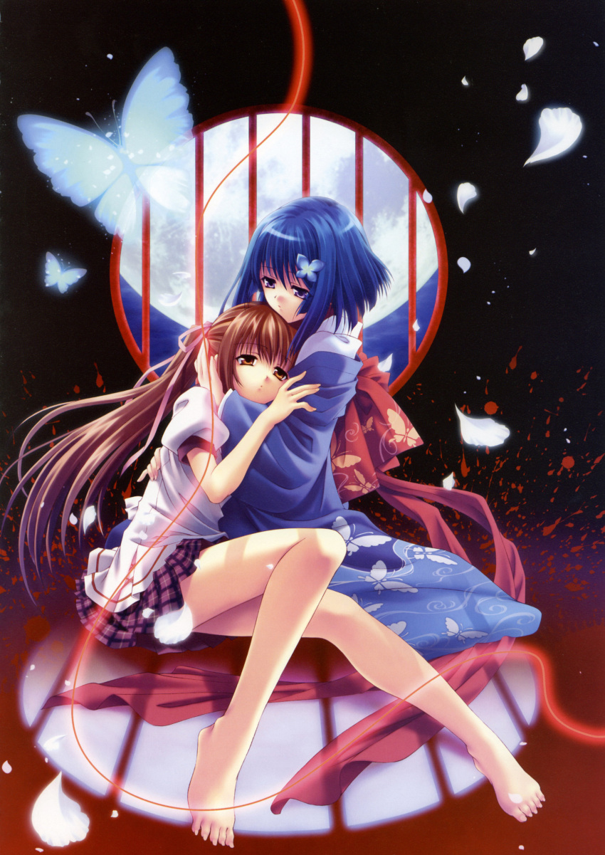 2girls absurdres akai_ito arm_grab bare_legs barefoot blue_hair brown_eyes bug butterfly couple feet hair_ornament hairclip hand_on_head hatou_kei highres hug japanese_clothes kimono legs long_hair moon moonlight multiple_girls night official_art petals photoshop_(medium) puffy_sleeves round_window scan scan_artifacts school_uniform short_hair short_sleeves sitting skirt string string_of_fate twintails window yasaka_minato yumei yuri