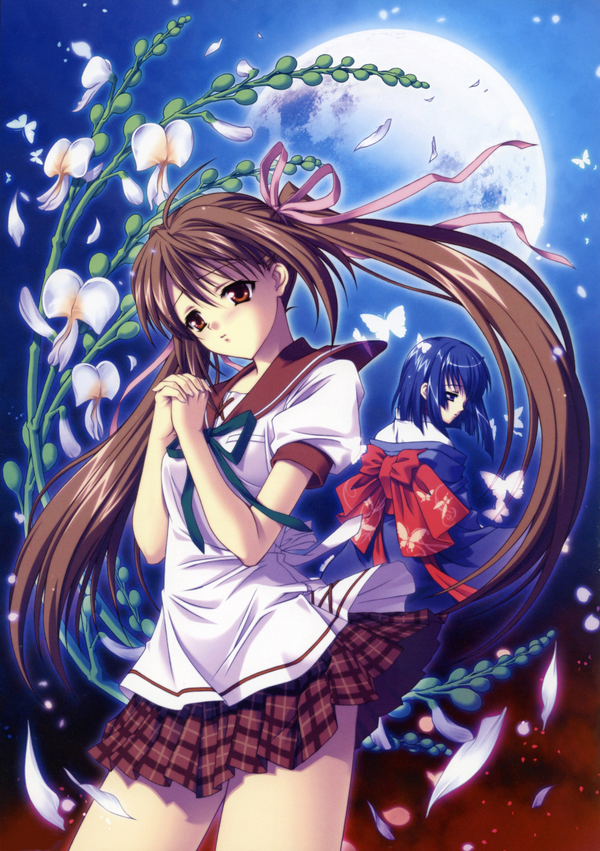 2girls absurdres akai_ito blue_hair brown_eyes brown_hair falling_petals flower flower_request from_behind full_moon hands_up hatou_kei highres huge_moon interlocked_fingers japanese_clothes kimono long_hair miniskirt moon multiple_girls obi official_art own_hands_clasped own_hands_together petals photoshop_(medium) plaid plaid_skirt pleated_skirt puffy_sleeves sash scan scan_artifacts school_uniform serafuku short_hair short_sleeves skirt twintails white_flower wind yasaka_minato yukata yumei