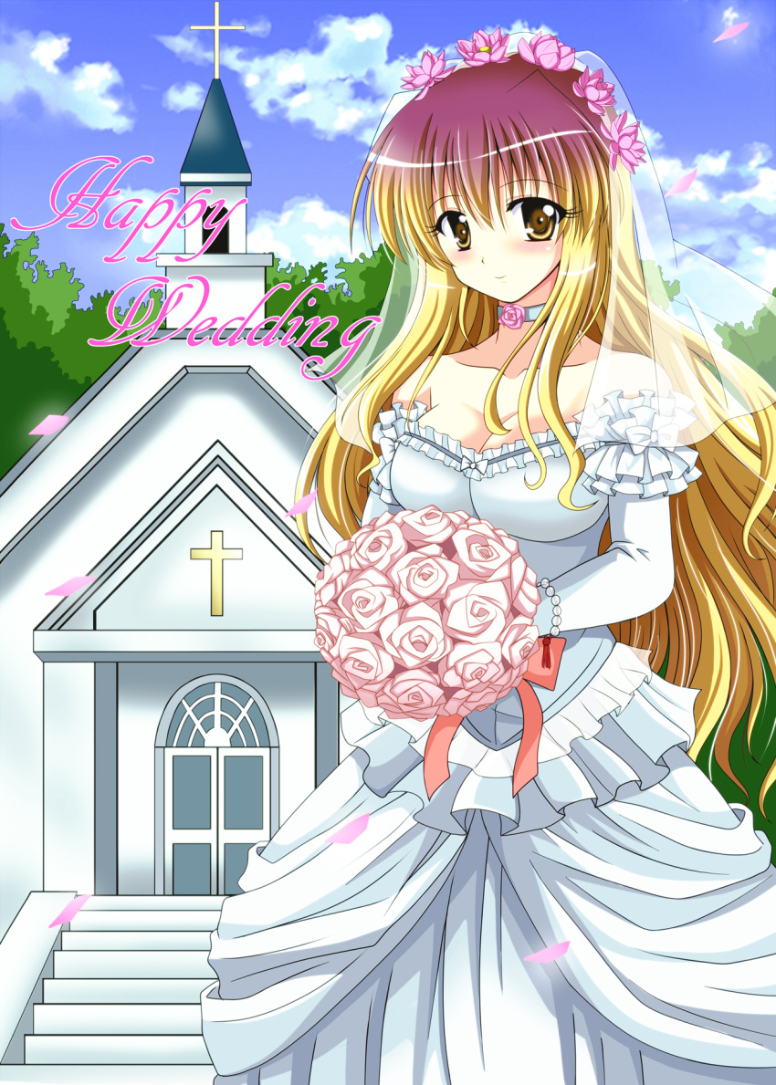 bare_shoulders blue_sky blush bouquet breasts bridal_veil bride brown_eyes choker church cleavage cloud commentary_request day dress female flower flower_choker gradient_hair hair_flower hair_ornament highres hijiri_byakuren holding holding_bouquet long_hair lotus medium_breasts multicolored_hair ougi_(ihayasaka) petals pink_flower pink_rose rose sky smile solo touhou veil wedding wedding_dress white_dress