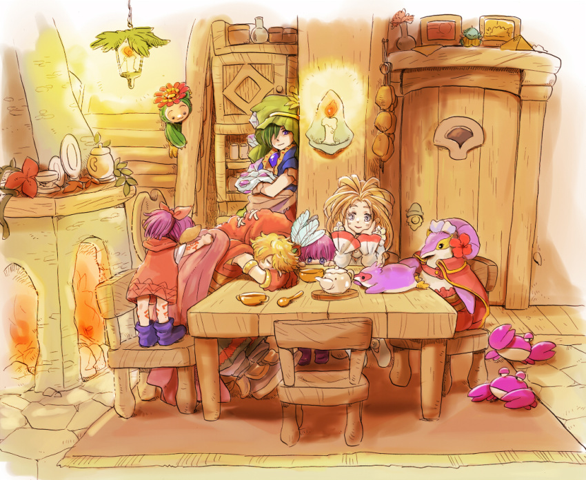 2boys 2girls bad_id bad_pixiv_id bird blonde_hair bowl bud_(lom) cabinet cactus candle chair commentary_request crab door elazul feathers feline fireplace green_hair lady_pearl legend_of_mana lil'_cactus lisa_(lom) mog_(moglist) multiple_boys multiple_girls penguin plate pot purple_hair rug seiken_densetsu spoon table teapot toto_(lom) valerie_(lom)