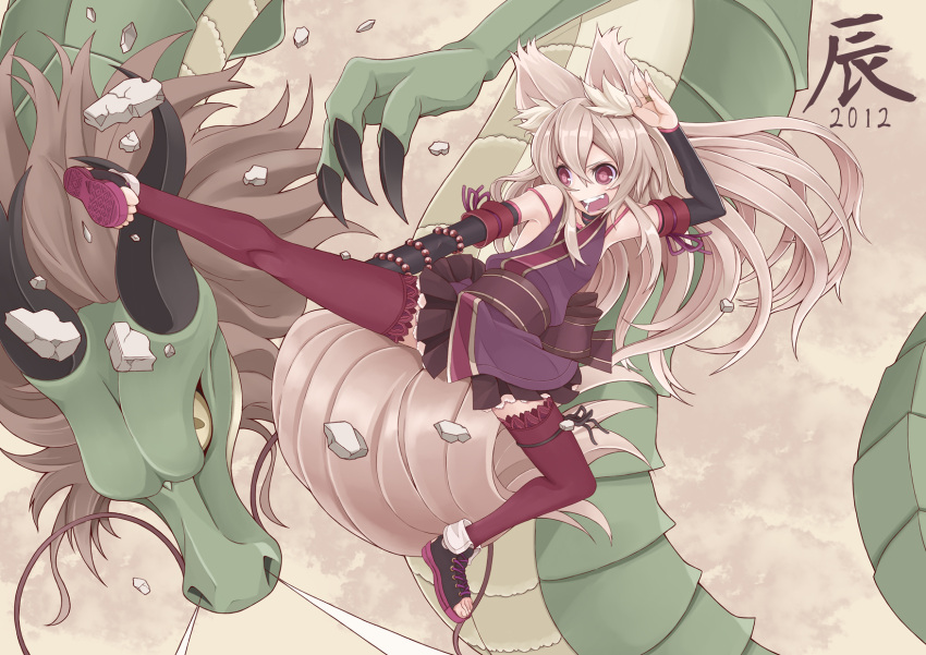 2012 animal_ears brown_hair commentary_request dragon eastern_dragon female fox_ears fox_tail highres japanese_clothes long_hair original pink_eyes solo tail tawara_hiryuu