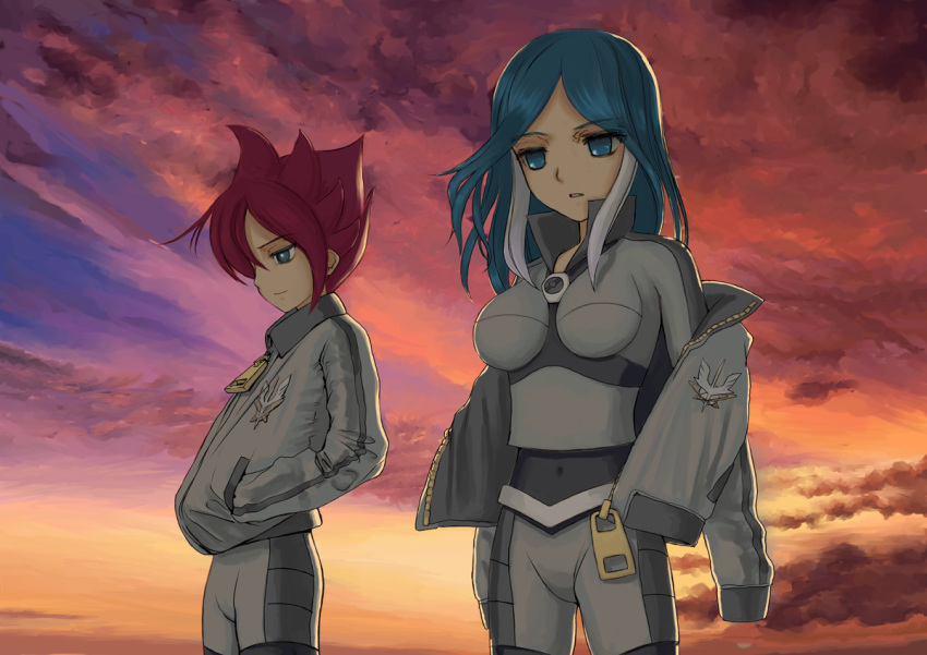 1boy blue_eyes blue_hair bodysuit cloud commentary female green_eyes inazuma_eleven inazuma_eleven_(series) jacket kiyama_hiroto mocha_(snowflake) multicolored_hair photoshop_(medium) red_hair short_hair sky sunset the_genesis urubida white_hair