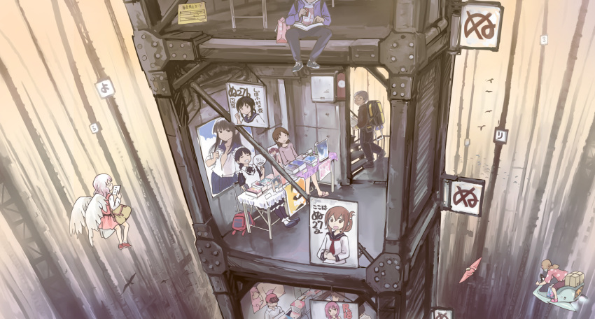 apron bag bird black_hair brown_hair building chair comiket convention dollhouse_view dress floorplan flying fubuki_(kancolle) hand_fan hatsuyuki_(kancolle) highres hovercraft inazuma_(kancolle) jacket kantai_collection kashmir long_sleeves maid_headdress manga_(object) multiple_boys multiple_girls original pants paper_fan pink_hair poster_(object) sailor_collar school_uniform serafuku sitting stairs table watercraft white_apron wings