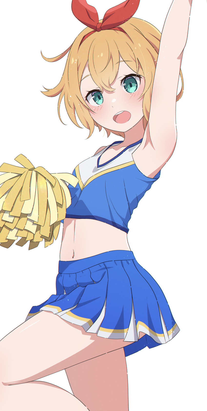 absurdres alternate_costume aqua_eyes arm_up armpits blue_skirt blush bow_hairband camui1104 cheerleader commentary crop_top female hair_between_eyes hairband highres holding holding_pom_poms looking_at_viewer md5_mismatch midriff miniskirt navel open_mouth orange_hair petra_leyte pleated_skirt pom_pom_(cheerleading) re:zero_kara_hajimeru_isekai_seikatsu red_hairband red_ribbon ribbon short_hair simple_background skirt smile solo white_background