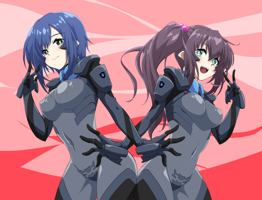 blue_eyes blue_hair bodysuit breasts bright_pupils brown_hair covered_navel covered_nipples female fortified_suit green_eyes hair_behind_ear highres kamon_rider kashiwagi_haruko leaning_forward long_hair looking_at_viewer looking_to_the_side medium_breasts muv-luv muv-luv_alternative muv-luv_alternative_(anime) open_hand red_background short_hair side_ponytail tsukiji_tae v white_pupils