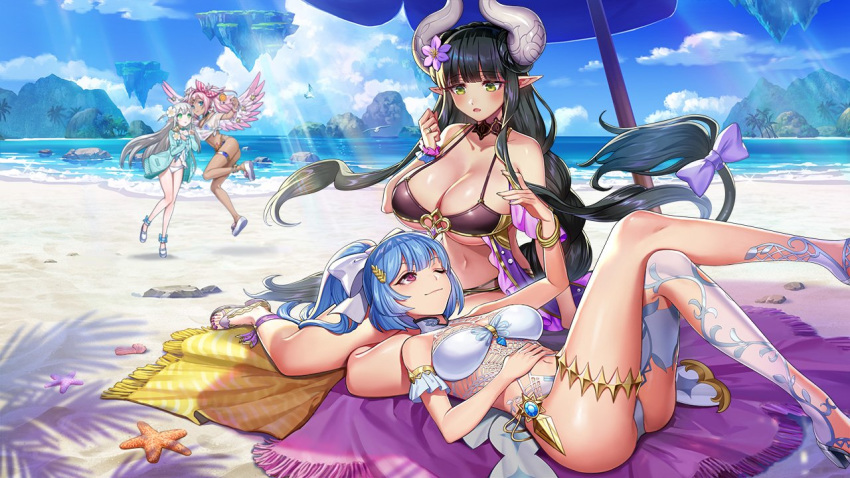 4girls alternate_costume ass authumla bare_shoulders beach bikini black_hair blue_hair blue_sky blunt_bangs breasts cloud collarbone dark-skinned_female dark_skin day floating_island flower frigg_(valkyrie_connect) hair_flower hair_ornament herja_(valkyrie_connect) horns large_breasts long_hair lying_on_person multiple_girls noa_(valkyrie_connect) ocean official_art one_eye_closed outdoors pink_hair pointy_ears sand second-party_source sky starfish swimsuit tree under_umbrella valkyrie_connect white_hair wings