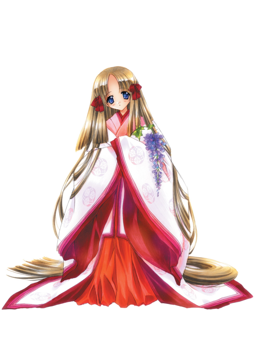 absurdly_long_hair absurdres artbook azuma_hatsumi blush brown_hair carnelian female flower fujihime full_body highres japanese_clothes kimono long_hair low-tied_long_hair official_art scan solo very_long_hair white_background wisteria yami_to_boushi_to_hon_no_tabibito