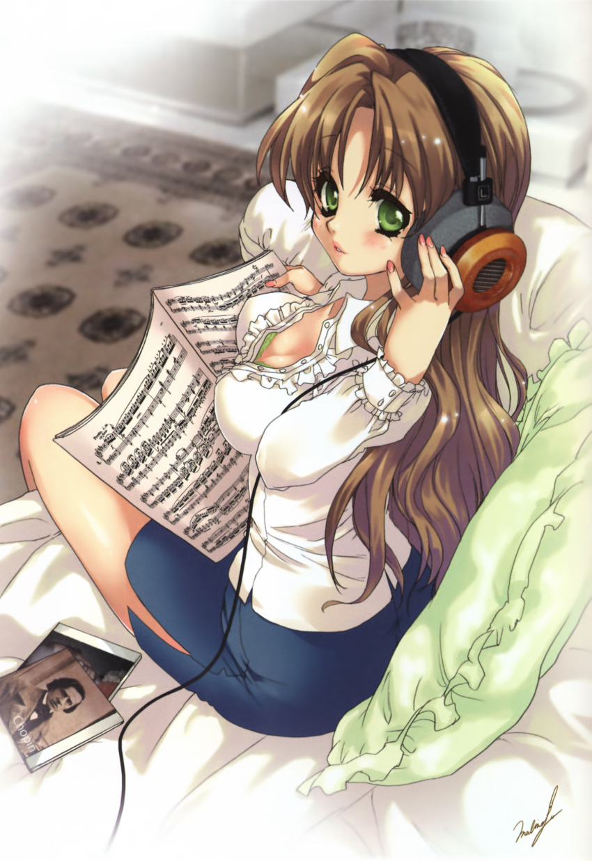 absurdres accent_mark bass_clef beamed_sixteenth_notes bra breasts brown_hair cd cleavage covered_nipples downblouse eighth_note eighth_rest female frederic_chopin from_above grado_labs green_eyes headphones highres large_breasts lingerie listening_to_music long_hair looking_at_viewer malino_(dream_maker) musical_note nail_polish original pencil_skirt pillow pink_nails quarter_note real_life real_life_insert sharp_sign sheet_music shirt side_slit signature sitting skirt solo staccato treble_clef underwear