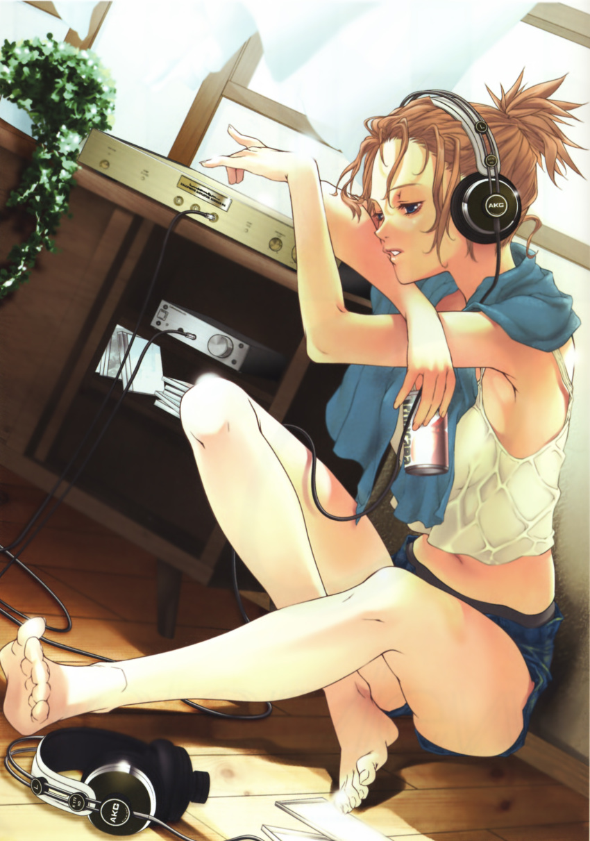 absurdres akg akg_k-series_headphones alcohol bare_legs barefoot beer black_shorts breasts brown_hair can dutch_angle feet female headphones highres legs long_legs medium_breasts original rin_kyoutarou short_shorts shorts solo toes towel towel_around_neck wet wet_clothes