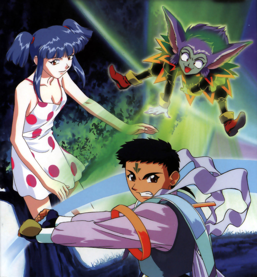 1990s_(style) 1boy 2girls black_hair blue_hair brown_eyes dress facial_mark forehead_mark gloves highres kajishima_masaki masaki_mayuka masaki_tenchi multiple_girls retro_artstyle tenchi_muyou! tenchi_muyou!_manatsu_no_eve tree yuzuha_(tenchi_muyou!)