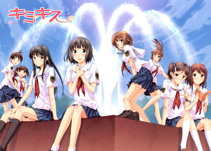 6+girls aihara_nana artist_request ass black_hair blue_sky brown_hair day fountain from_behind futami_eriko highres hoshino_yuumi kibina_high_school_uniform kimi_kiss kuryuu_megumi looking_at_viewer mizusawa_mao multiple_girls neckerchief outdoors sakino_asuka satonaka_narumi school_uniform shijou_mitsuki shirt short_hair short_sleeves sky splashing standing wading water white_shirt