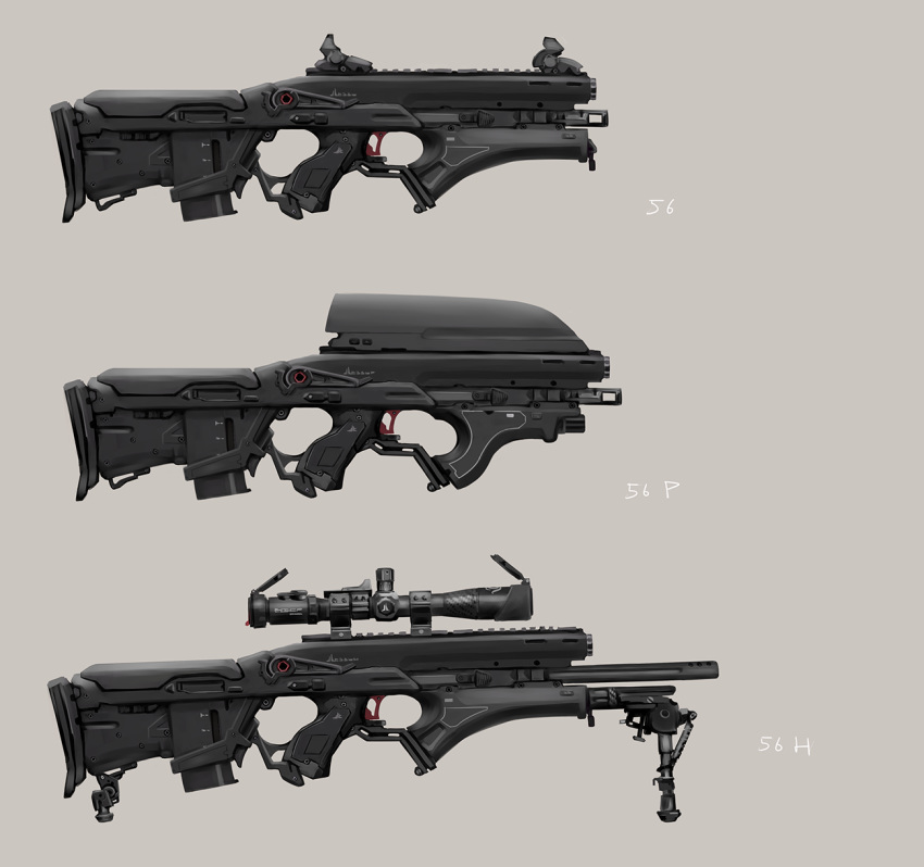 assault_rifle beige_background bullpup commentary_request gun highres no_humans original rifle science_fiction scope shiroi_suzume simple_background still_life weapon weapon_focus