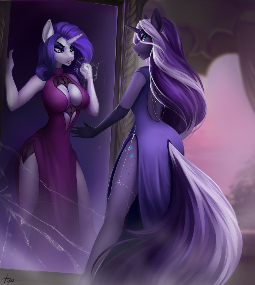 absurd_res altered_reflection anthro anthrofied blue_eyes breasts cleavage clothed clothing cracked_mirror cracks cutie_mark dacsy dress duo equid equine female friendship_is_magic hair hasbro hi_res horn idw_publishing long_hair looking_at_mirror looking_at_object mammal mirror multicolored_hair my_little_pony my_little_pony_(idw) mythological_creature mythological_equine mythology nightmare_rarity_(idw) purple_hair rarity_(mlp) reflection trapped trapped_in_mirror two_tone_hair unicorn white_hair