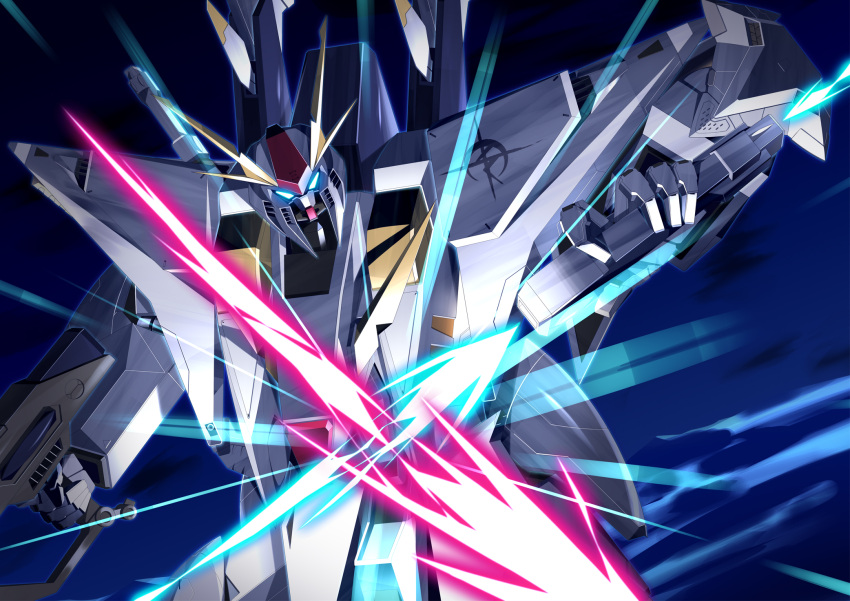 battle beam_rifle beam_saber blue_eyes blue_sky close_quarters_combat commentary_request emblem energy_gun energy_sword glowing glowing_eyes gundam gundam_hathaway's_flash highres insignia mate_(oktavia1121) mecha mobile_suit no_humans pov robot science_fiction sky sword v-fin weapon xi_gundam