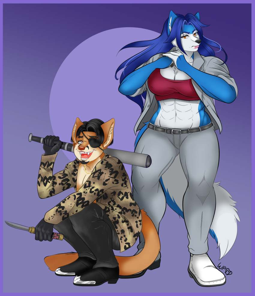 2019 abs anthro baseball_bat bat_(object) belt big_breasts blue_border blue_hair border bottomwear bra breasts canid canine canis catsmeow cleavage clothed clothing cosplay cougar crazed_look eye_patch eyewear facial_hair fangs felid feline female fur gloves goro_majima hair handwear hi_res hopey kazuma_kiryu kneeling knife larger_female long_hair male mammal multicolored_body multicolored_fur muscular muscular_female open_mouth pants pecs pecs_with_breasts randochris_(character) short_hair size_difference snakeskin sports_bra suit teeth thick_thighs tight_clothing two_tone_body two_tone_fur underwear wolf yakuza_(series)