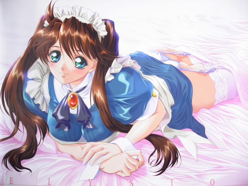 aqua_eyes ass bed_sheet blush breasts brooch brown_hair dengeki_hime elysion_~eien_no_sanctuary~ female garter_straps jewelry large_breasts long_hair lying maid maid_headdress on_stomach oohara_mirei own_hands_together panties puffy_short_sleeves puffy_sleeves short_sleeves smile solo thighhighs twintails underwear white_panties white_thighhighs wrist_cuffs yokota_mamoru