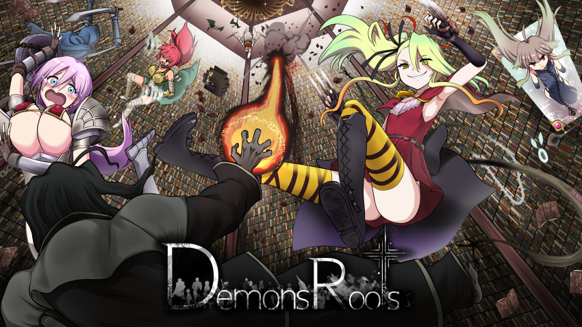 1boy 6+girls absurdres ahoge akaimato ange_(demonsroots) armor bandages bikini_armor black_coat black_footwear black_gloves black_hair blonde_hair book boots breasts claw_(weapon) coat crying deathpolca demons_roots diana_(demonsroots) dress falling fighting fingerless_gloves gloves gradient_hair green_eyes grey_hair gun highres kalinka_(demonsroots) large_breasts library lily_killer long_hair magic multicolored_hair multiple_girls open_mouth pink_hair plant red_dress red_hair restrained rifle sarasa_(demonsroots) shield side_ponytail skeleton striped_clothes striped_thighhighs thighhighs vines wavy_mouth weapon