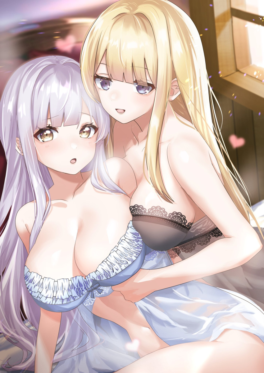 2girls arm_between_breasts assault_lily babydoll bare_arms bare_shoulders bed between_breasts black_babydoll blonde_hair blunt_bangs blurry blurry_background blush bottomless breasts cleavage collarbone commentary_request convenient_leg frilled_babydoll frills grey_babydoll grey_hair heart highres houji_tea_latte indoors kon_kanaho lace-trimmed_babydoll lace_trim large_breasts light_particles long_hair looking_at_viewer lying miyagawa_takane multiple_girls navel on_bed on_side parted_lips purple_eyes side-by-side sidelocks smile stomach strapless underwear underwear_only very_long_hair window yellow_eyes yuri