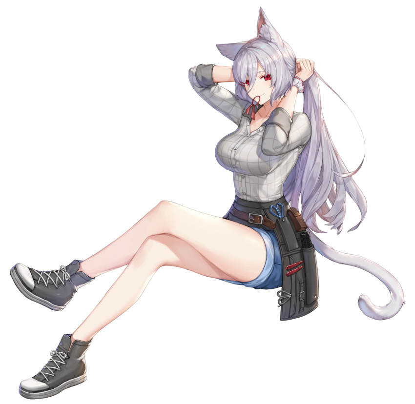 animal_ear_fluff animal_ears arms_behind_head arms_up artist_request bare_legs belt blue_shorts breasts buttons cat_ears cat_girl cat_tail collarbone crossed_legs denim denim_shorts female full_body grey_hair grey_shirt hair_ornament hair_tie_in_mouth hairclip highres invisible_chair king's_raid kirze large_breasts long_hair looking_at_viewer mouth_hold non-web_source official_art pouch red_eyes shirt shirt_tucked_in shoes short_shorts shorts sitting smile sneakers solo tail thighs transparent_background tying_hair wrist_cuffs